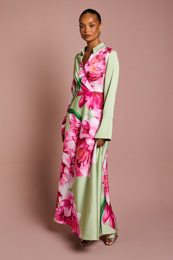 karen millen Petite Placement Print Wrap Front Gown sage