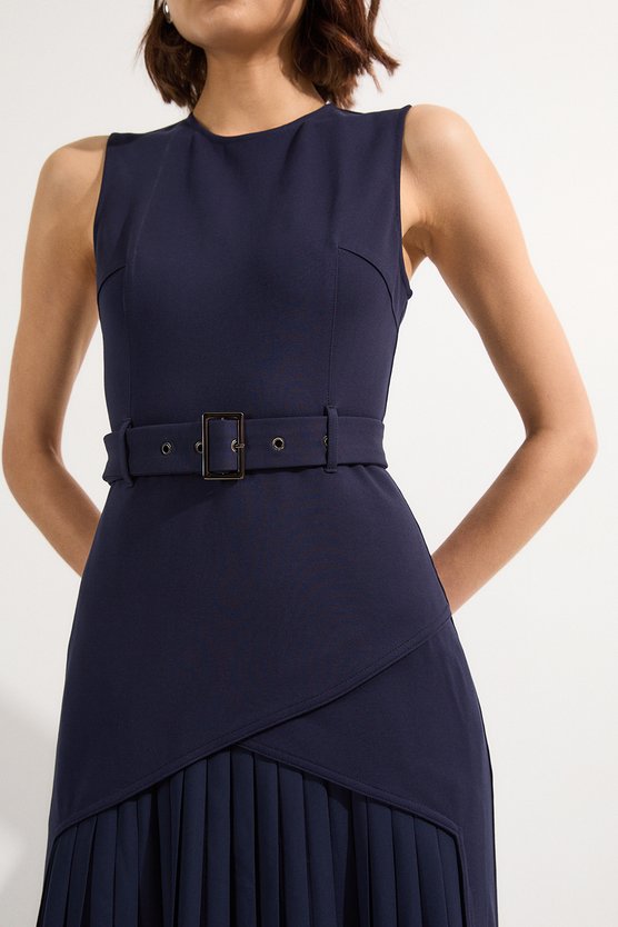 Karen Millen Petite Ponte And Georgette Jersey Pleated Maxi Dress Navy