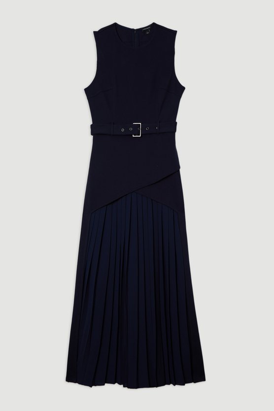Karen Millen Petite Ponte And Georgette Jersey Pleated Maxi Dress Navy