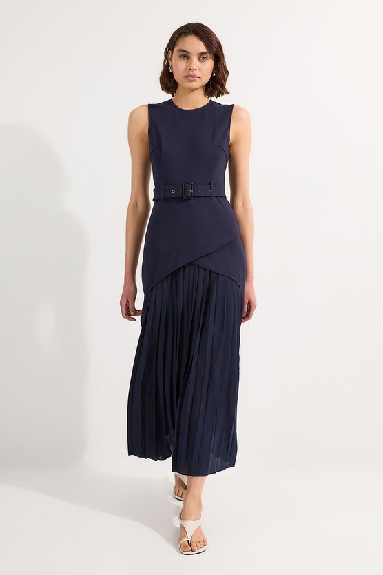 karen millen Petite Ponte And Georgette Jersey Pleated Maxi Dress navy