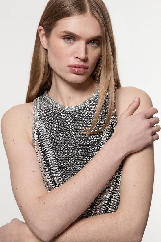 Karen Millen Petite Premium Beading And Embellished Woven Halter Neck Maxi Dress Mono