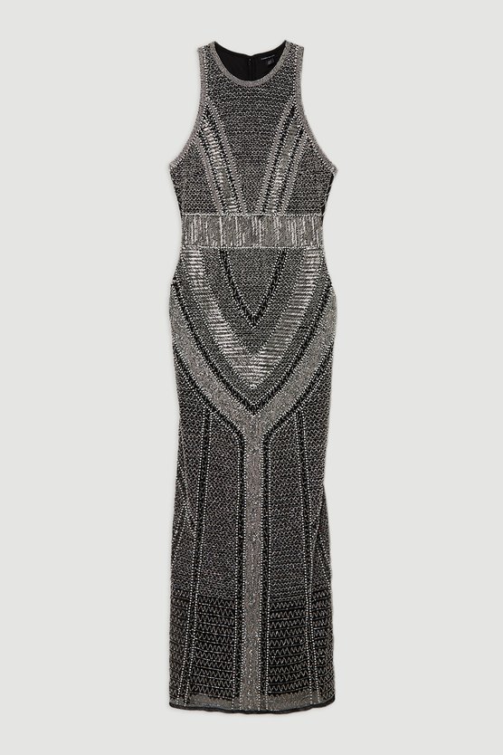 Karen Millen Petite Premium Beading And Embellished Woven Halter Neck Maxi Dress Mono