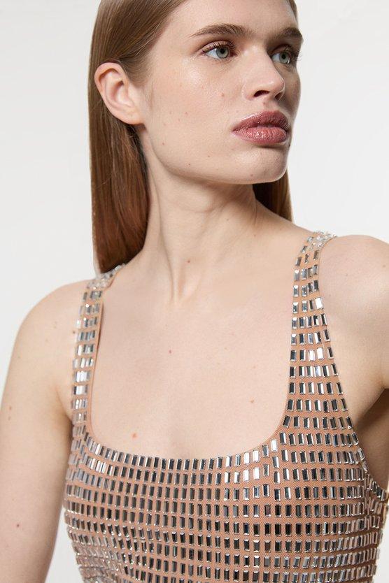 Karen Millen Petite Premium Crystal Embellished Jersey Midi Dress Nude