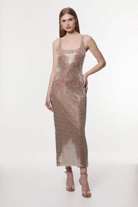 karen millen Petite Premium Crystal Embellished Jersey Midi Dress nude