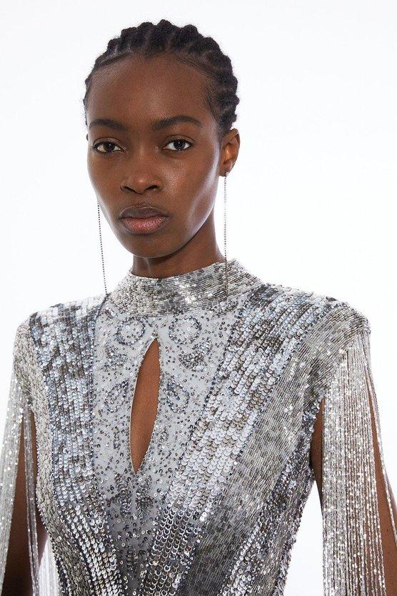 Karen Millen Petite Premium Embellished Beaded Cap Sleeve Woven Maxi Dress Silver