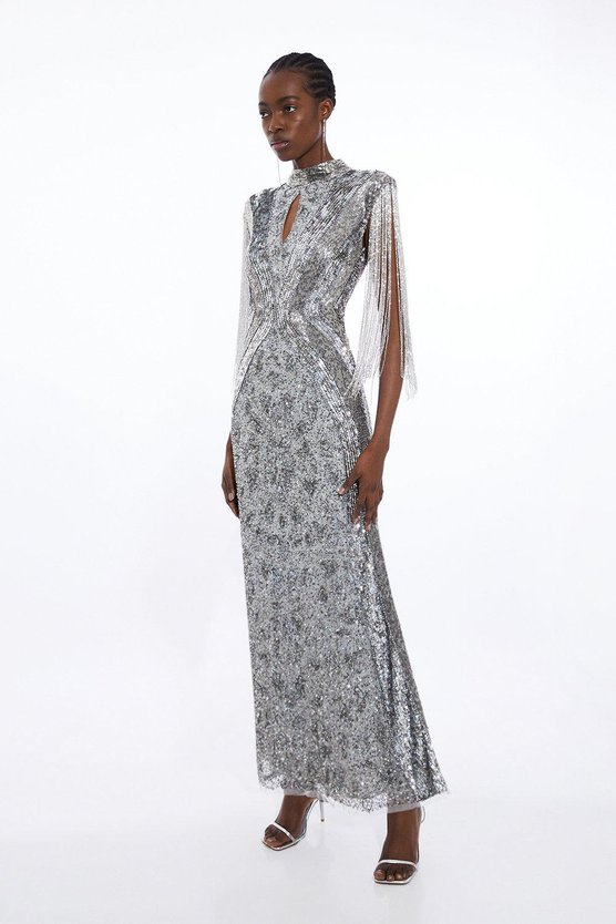 Karen Millen Petite Premium Embellished Beaded Cap Sleeve Woven Maxi Dress Silver