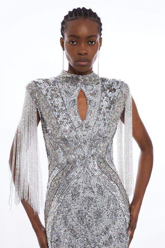 Karen Millen Petite Premium Embellished Beaded Cap Sleeve Woven Maxi Dress Silver