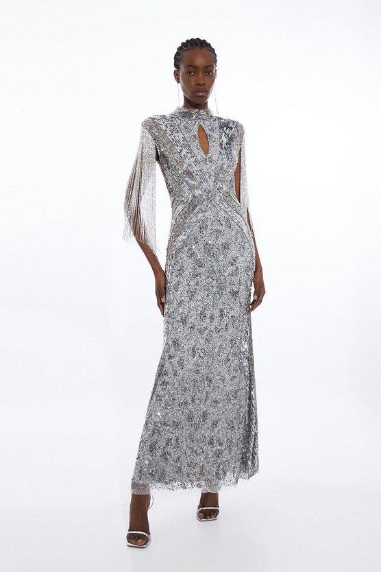 karen millen Petite Premium Embellished Beaded Cap Sleeve Woven Maxi Dress silver
