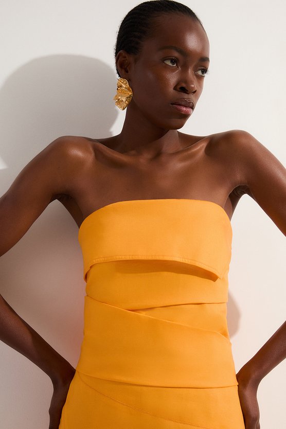 Karen Millen Petite Premium Linen Structured Pleated Bandeau Tailored Midi Pencil Dress Mango