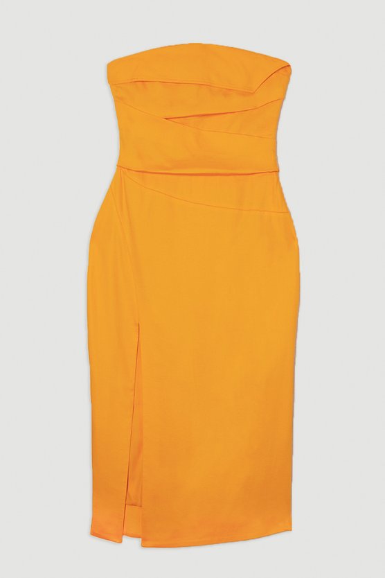 Karen Millen Petite Premium Linen Structured Pleated Bandeau Tailored Midi Pencil Dress Mango