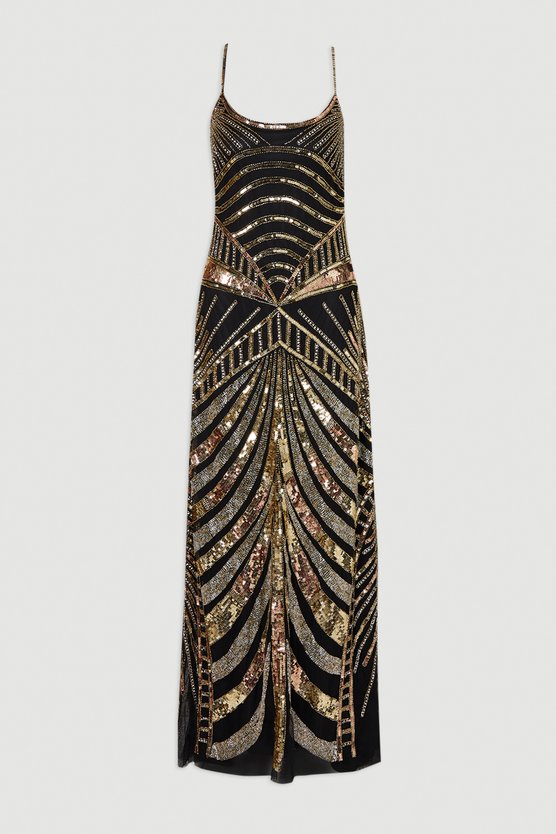 Karen Millen Petite Premium Mirrored Crystal Embellished Woven Prom Dress Black