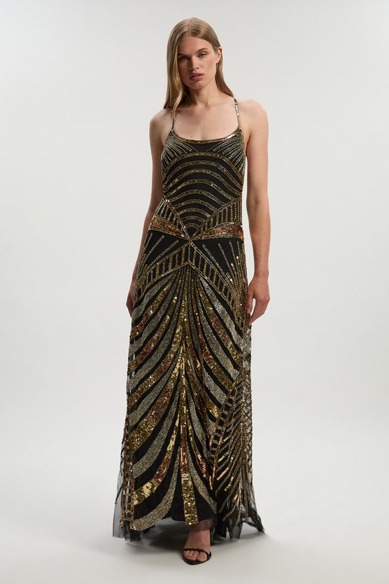 karen millen Petite Premium Mirrored Crystal Embellished Woven Prom Dress black