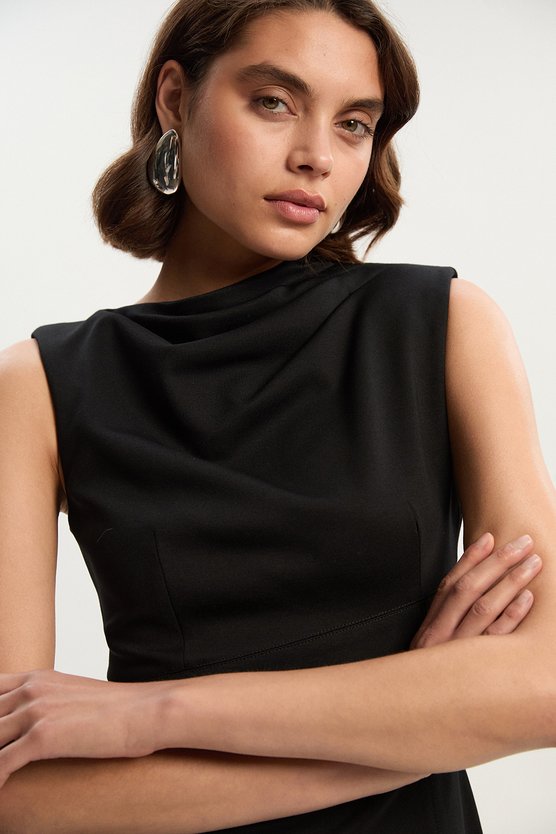 Karen Millen Petite Premium Ponte Sleeveless Asymmetric Front Tailored Midi Dress Black