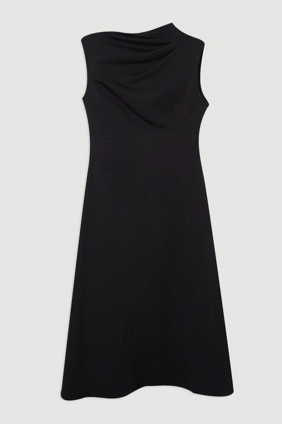 Karen Millen Petite Premium Ponte Sleeveless Asymmetric Front Tailored Midi Dress Black