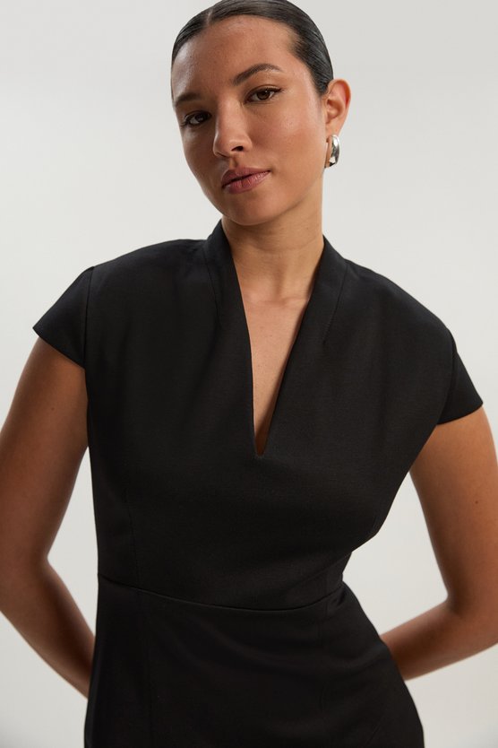 Karen Millen Petite Premium Ponte V Neck Asymmetric Front Tailored Midi Dress Black