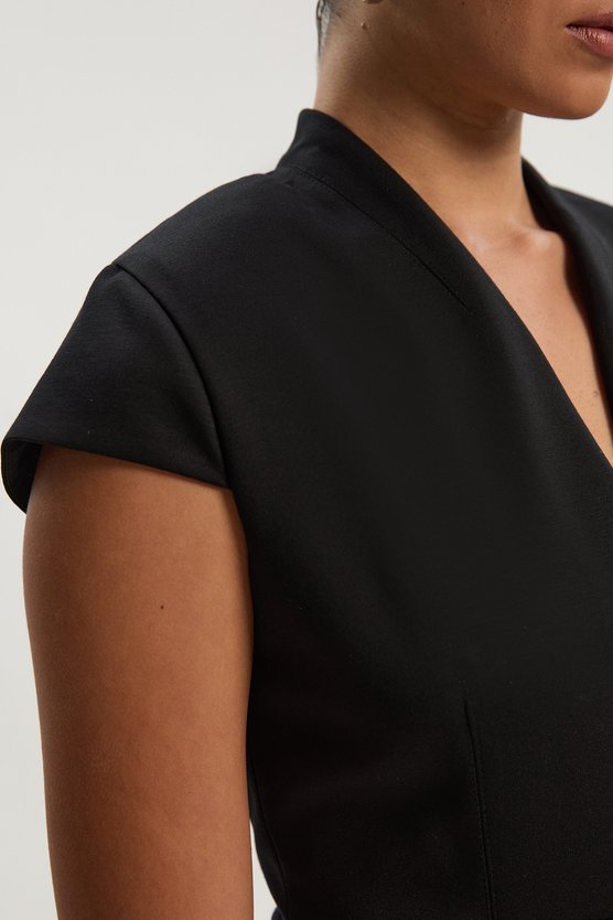 Karen Millen Petite Premium Ponte V Neck Asymmetric Front Tailored Midi Dress Black