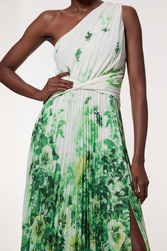 Karen Millen Petite Printed Pleated Yoryu Crinkle Woven Maxi Dress Green