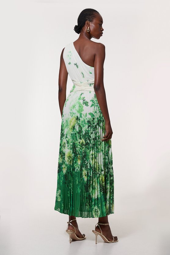 Karen Millen Petite Printed Pleated Yoryu Crinkle Woven Maxi Dress Green