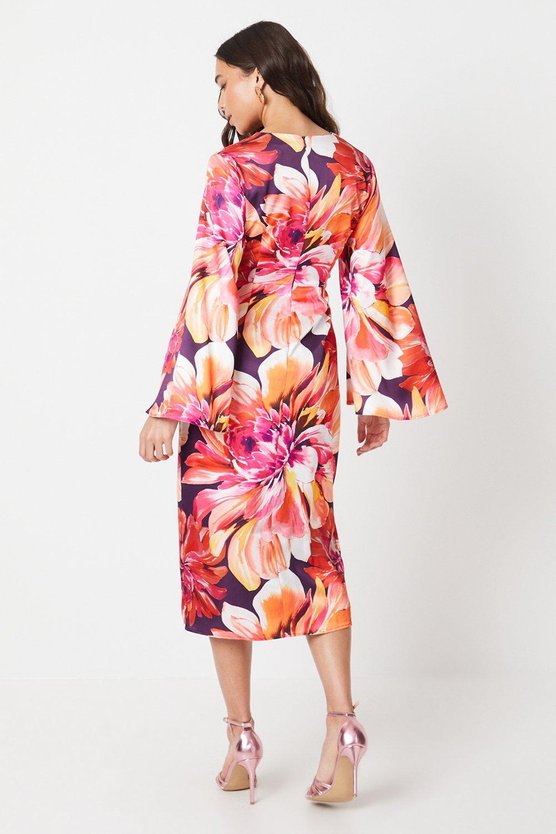 Karen Millen Petite Printed Satin Wrap Dress With Flare Sleeve Pink