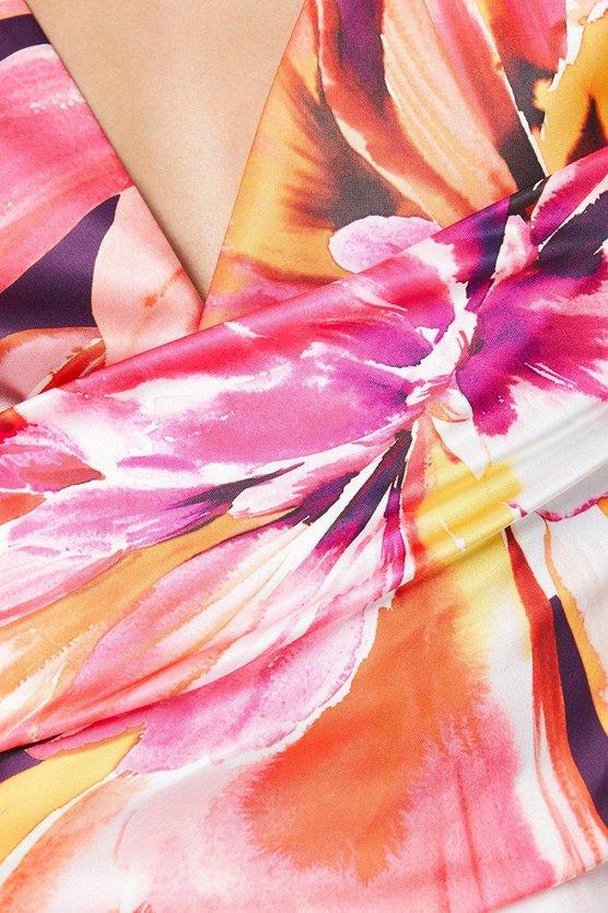 Karen Millen Petite Printed Satin Wrap Dress With Flare Sleeve Pink