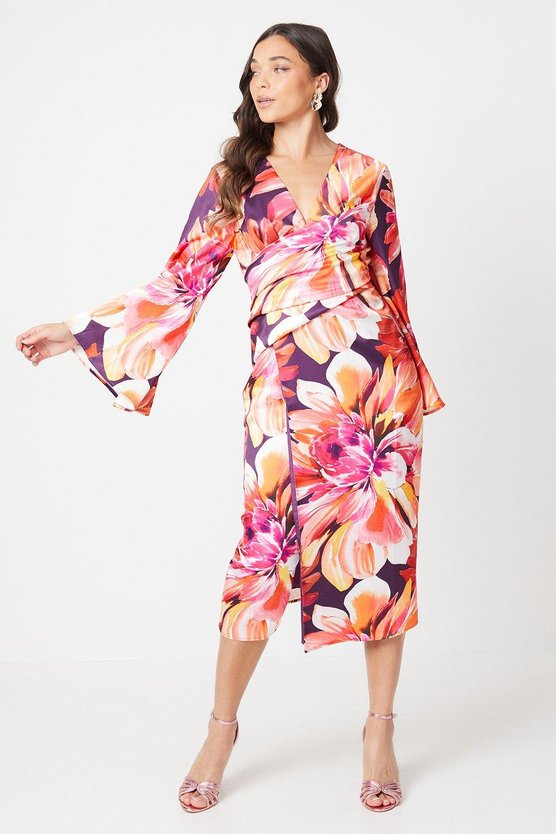 karen millen Petite Printed Satin Wrap Dress With Flare Sleeve pink