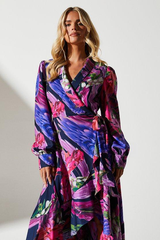 Karen Millen Petite Printed Satin Wrap Wedding Guest Dress Multi