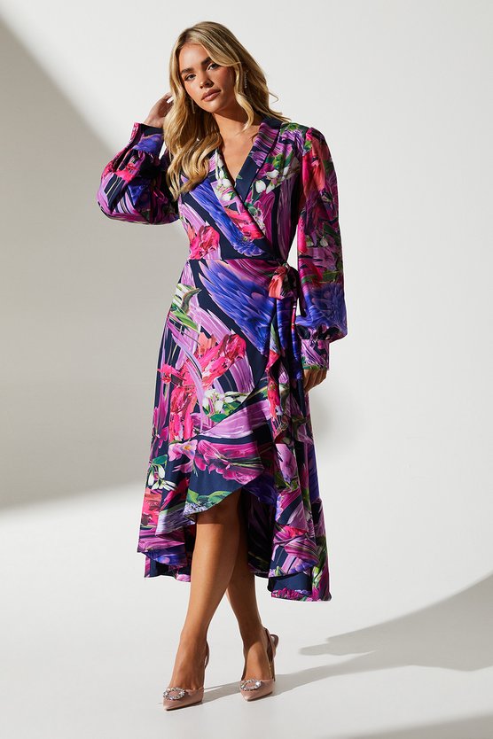 karen millen Petite Printed Satin Wrap Wedding Guest Dress multi