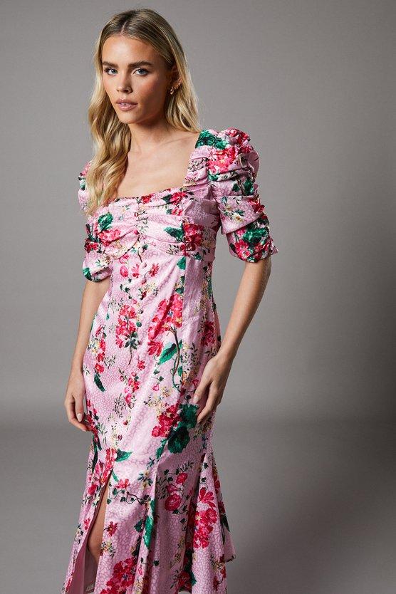 Karen Millen Petite Satin Dress With Floral Print Pink