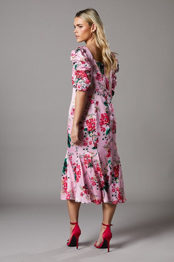 Karen Millen Petite Satin Dress With Floral Print Pink