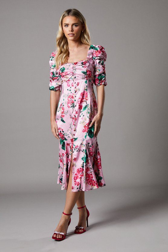 karen millen Petite Satin Dress with Floral Print pink