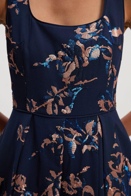 Karen Millen Petite Satin Sequin And Embroidery Woven Prom Dress Navy