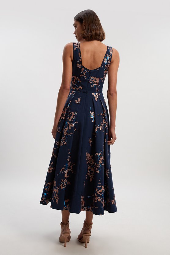 Karen Millen Petite Satin Sequin And Embroidery Woven Prom Dress Navy