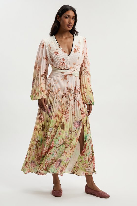 Karen Millen Petite Scattered Floral Balloon Sleeve Pleated Crinkle Cut Out Woven Maxi Dress Ivory