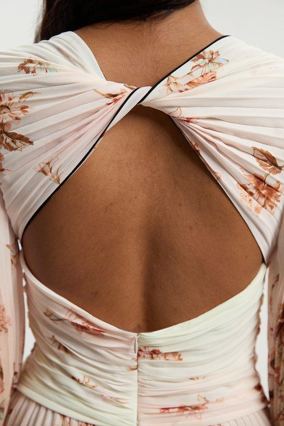 Karen Millen Petite Scattered Floral Balloon Sleeve Pleated Crinkle Cut Out Woven Maxi Dress Ivory