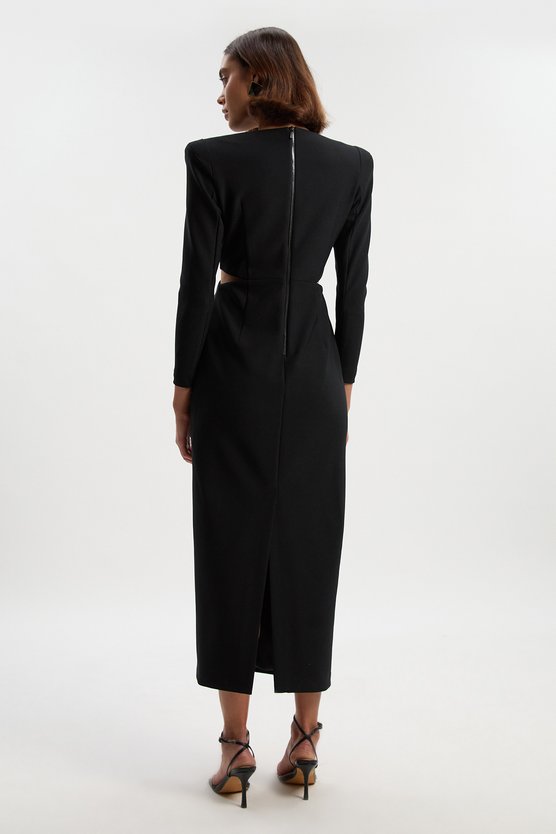 Karen Millen Petite Scuba Crepe Plunge Mesh Paneled Maxi Dress Black