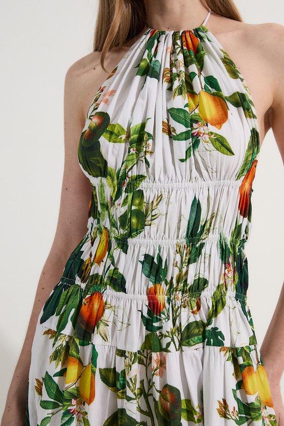 Karen Millen Petite Shirred Cotton Tiered Fruit Print Halter Neck Woven Maxi Dress Multi