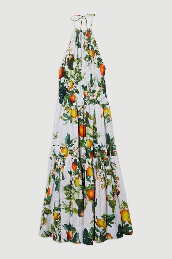 Karen Millen Petite Shirred Cotton Tiered Fruit Print Halter Neck Woven Maxi Dress Multi