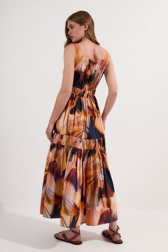 Karen Millen Petite Shirred Cotton Tiered Printed Woven Maxi Dress Blue