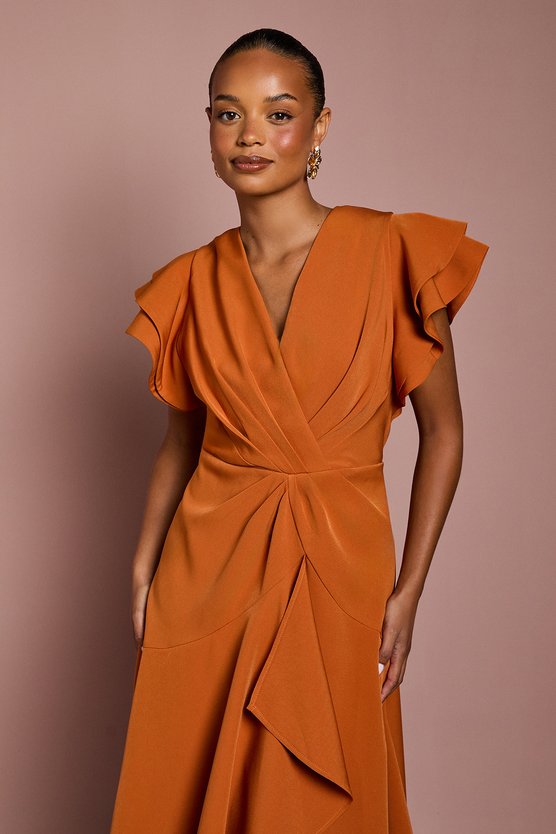 Karen Millen Petite Short Sleeve V Neck Wrap Front Midi Dress Rust