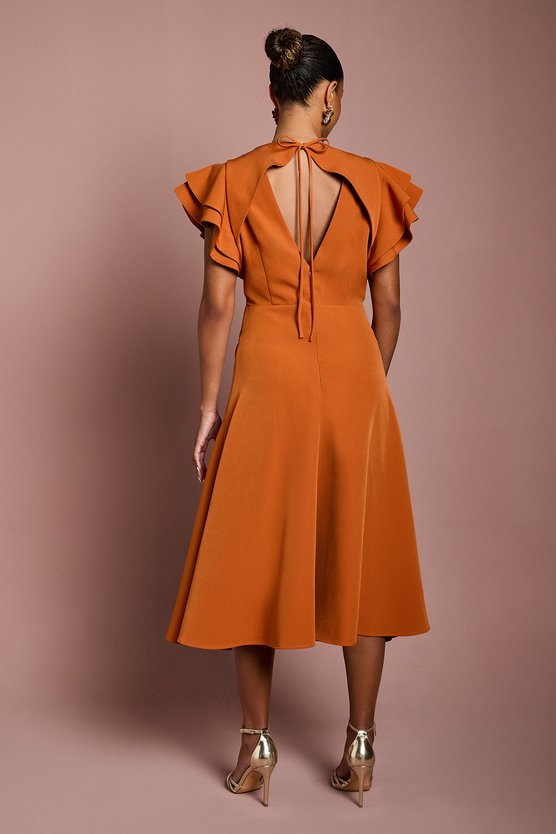 Karen Millen Petite Short Sleeve V Neck Wrap Front Midi Dress Rust