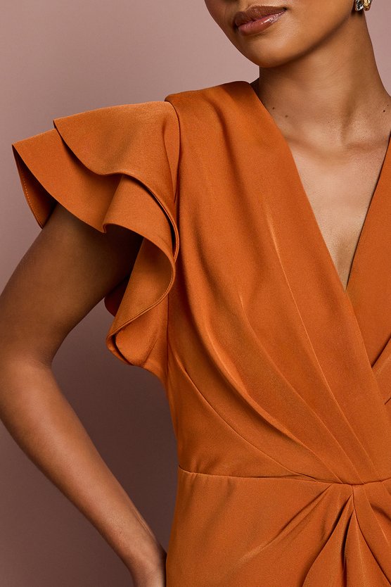 Karen Millen Petite Short Sleeve V Neck Wrap Front Midi Dress Rust