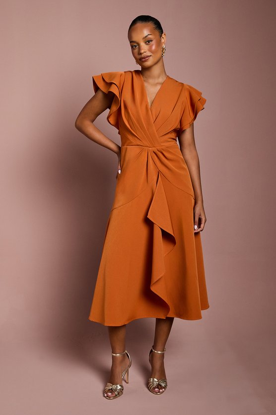 karen millen Petite Short Sleeve V Neck Wrap Front Midi Dress rust