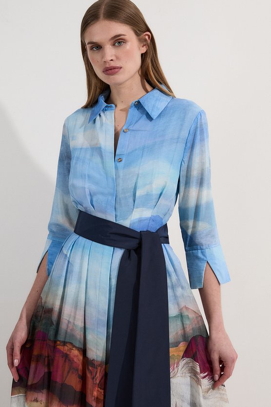 Karen Millen Petite Silk Cotton Stallion Print Woven Belted Maxi Shirt Dress Blue