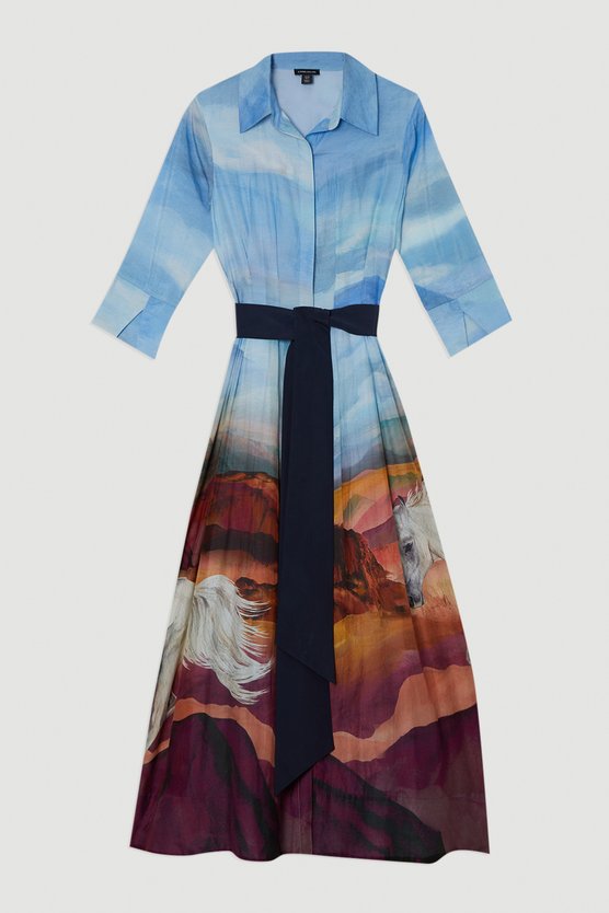 Karen Millen Petite Silk Cotton Stallion Print Woven Belted Maxi Shirt Dress Blue