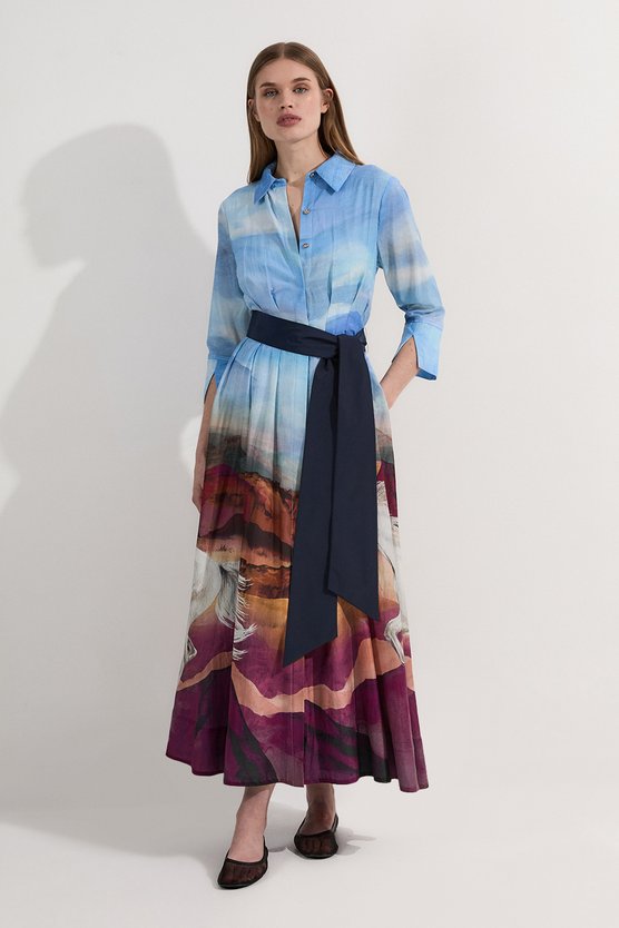 karen millen Petite Silk Cotton Stallion Print Woven Belted Maxi Shirt Dress blue