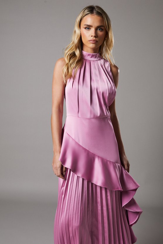 Karen Millen Petite Sleeveless Ruffle Pleat Satin Back Crepe Dress Rose