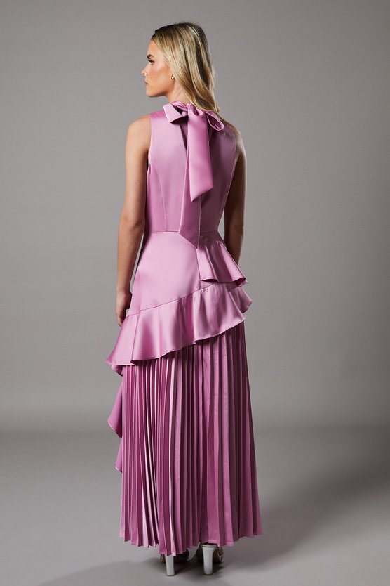 Karen Millen Petite Sleeveless Ruffle Pleat Satin Back Crepe Dress Rose