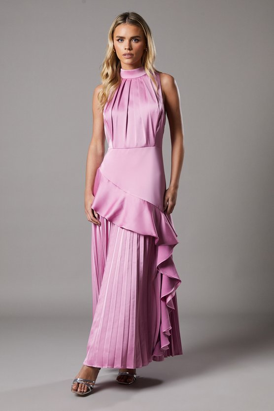 karen millen Petite Sleeveless Ruffle Pleat Satin Back Crepe Dress rose