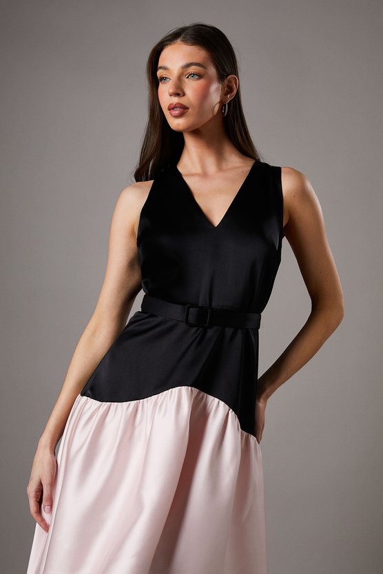 Karen Millen Petite Sleeveless Satin Drop Waist Midi Dress Mono