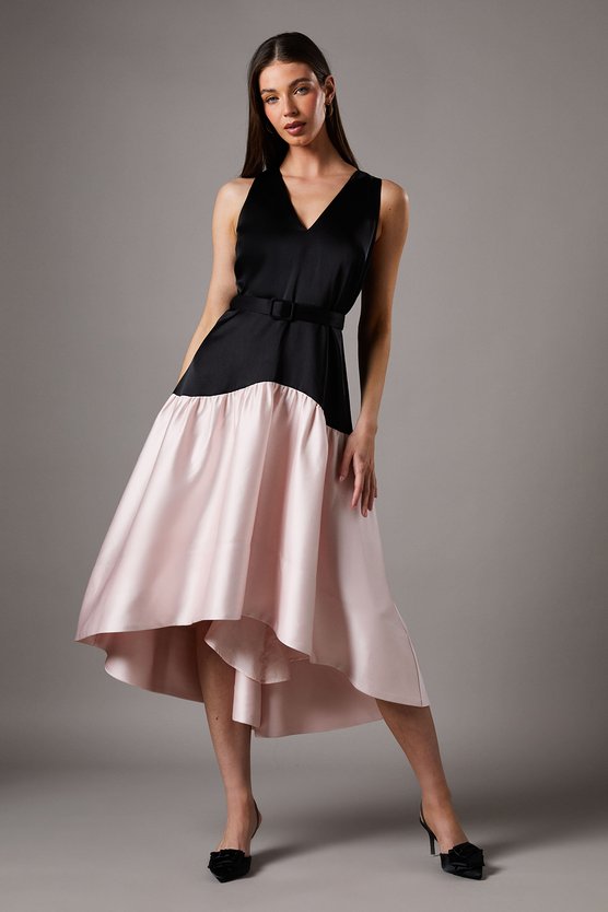 karen millen Petite Sleeveless Satin Drop Waist Midi Dress mono